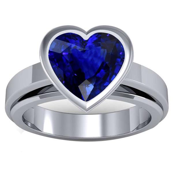 Bague Solitaire 3 Carats Saphir Bleu serti de lunette en forme de coeur Or 14K - HarryChadEnt.FR