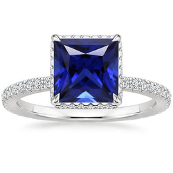 Bague Solitaire Accent Saphir Bleu et Diamant Or Blanc 6 Carats
