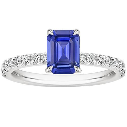 Bague Solitaire Accents Pavé Saphir Bleu & Diamant 4.50 Carats - HarryChadEnt.FR