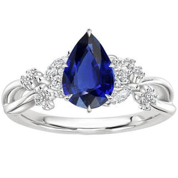 Bague Solitaire Accents Poire Saphir Bleu & Diamants 3.75 Carats