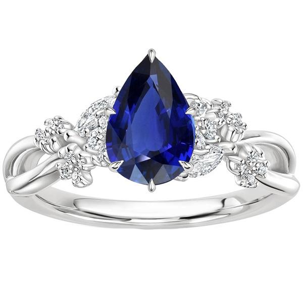 Bague Solitaire Accents Poire Saphir Bleu & Diamants 3.75 Carats - HarryChadEnt.FR