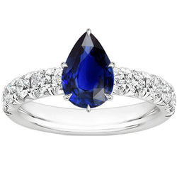 Bague Solitaire Accents Poire Saphir Bleu & Diamants 5 Carats Serti