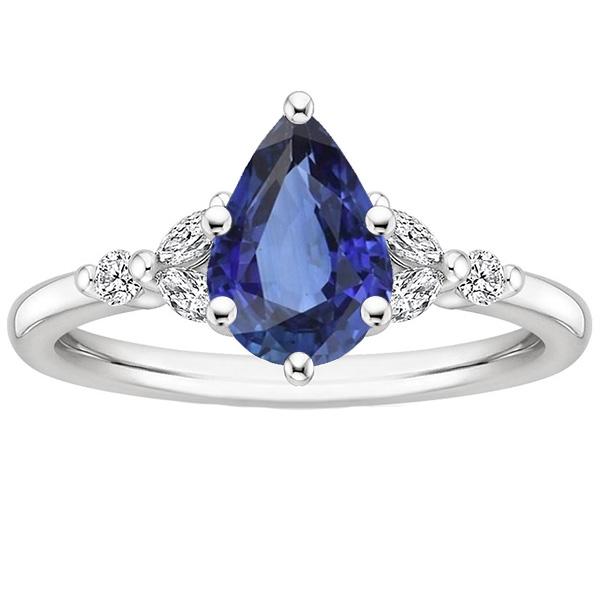 Bague Solitaire Accents Saphir Bleu Poire & Diamants 4.75 Carats - HarryChadEnt.FR