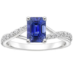 Bague Solitaire Accents Tige fendue Saphir Bleu & Diamant 4 Carats