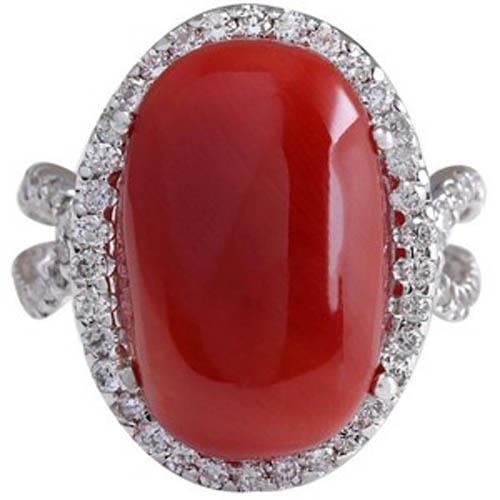 Bague Solitaire Avec Accent 13.75 Ct Corail Rouge Et Diamants Nouveau - HarryChadEnt.FR