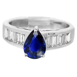 Bague Solitaire Avec Accents De Diamants Baguette Saphir Bleu 3.50 Carats