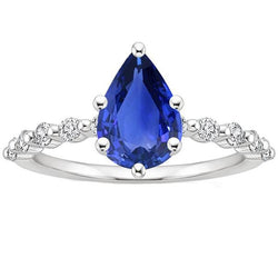 Bague Solitaire Avec Accents Poire Saphir Ceylan & Diamants 3 Carats
