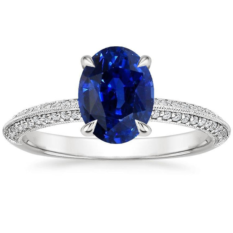 Bague Solitaire Avec Accents Saphir Bleu Ovale & Diamants 4.50 Carats - HarryChadEnt.FR