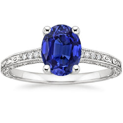 Bague Solitaire Avec Accents Saphir Bleu Tige Milgrain 3 Carats