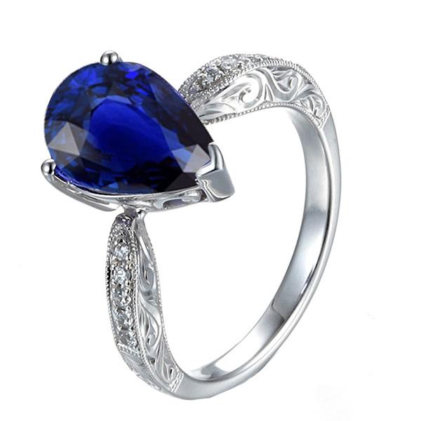 Bague Solitaire Avec Accents Tige Milgrain Saphir Bleu 3.50 Carats - HarryChadEnt.FR