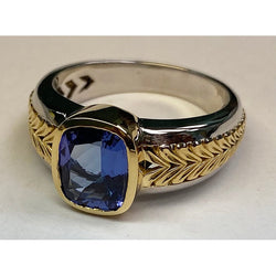 Bague Solitaire Deux Tons Tanzanite Coussin Lunette Sertie 5.50 Carats