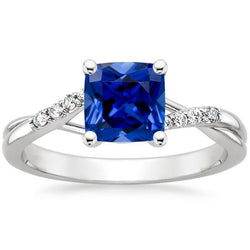 Bague Solitaire Diamant Coussin Saphir Bleu Avec Accents 2.50 Carats