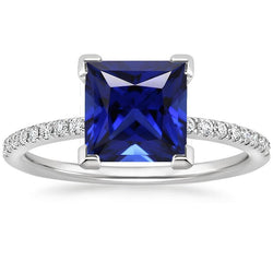 Bague Solitaire Diamant Princesse Saphir Bleu Avec Accents 5.50 Carats