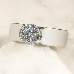 Bague Solitaire Diamant Serti Demi-Clos 1.50 Carat Homme Or Blanc