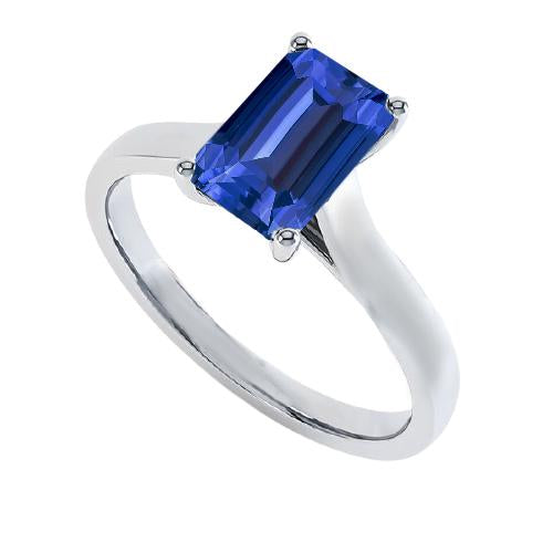 Bague Solitaire Femme Emeraude Bleu Saphir 2 Carats Or Blanc 14K - HarryChadEnt.FR