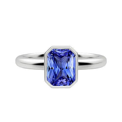 Bague Solitaire Lunette Radiante Serti Saphir Bleu Naturel 1.50 Carats