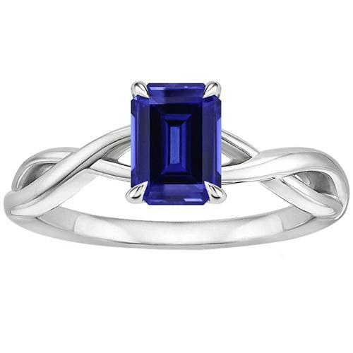 Bague Solitaire Or Blanc 14K Saphir Bleu Emeraude 3 Carats - HarryChadEnt.FR