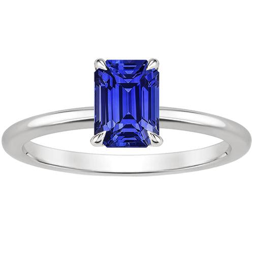 Bague Solitaire Or Blanc 14K Saphir Bleu Emeraude 3 Carats - HarryChadEnt.FR
