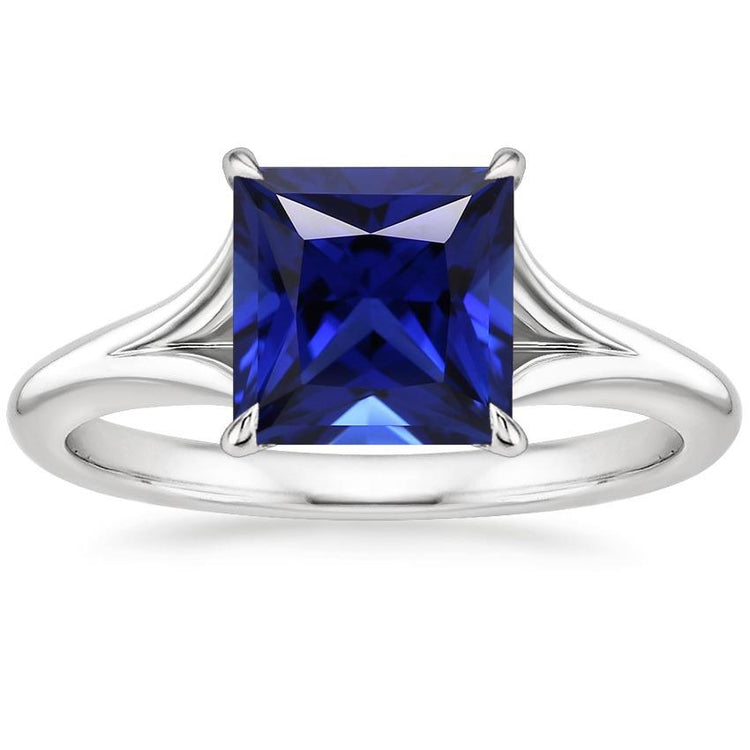 Bague Solitaire Or Blanc Princesse Saphir Bleu Tige Fendue 5 Carats - HarryChadEnt.FR