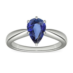 Bague Solitaire Or Blanc Saphir Bleu Forme Poire 1.50 Carats