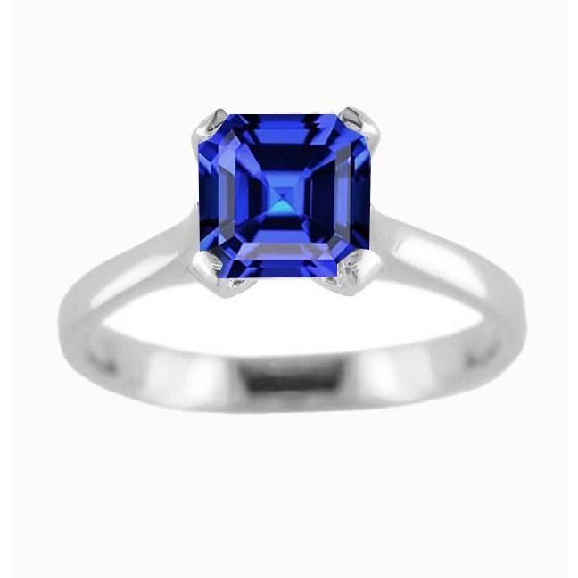 Bague Solitaire Or Blanc Saphir Bleu Taille Asscher 2 Carats - HarryChadEnt.FR
