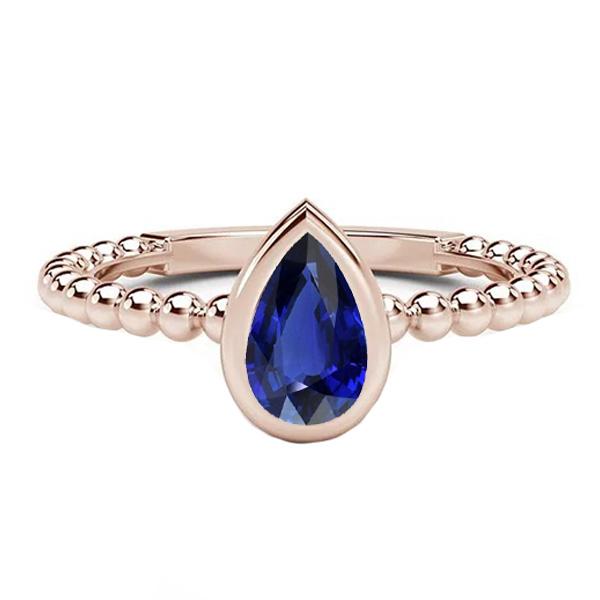 Bague Solitaire Or Rose Poire Saphir Bleu 1.50 Carats Lunette Sertie - HarryChadEnt.FR