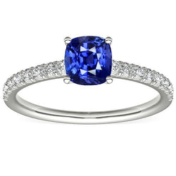 Bague Solitaire Or Saphir Taille Coussin & Pavé Diamants 3 Carats