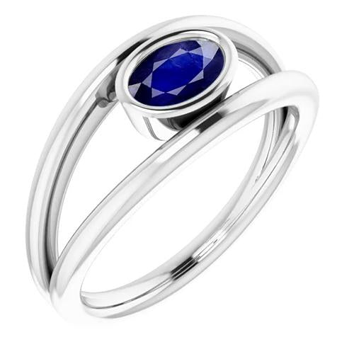 Bague Solitaire Ovale 2 Carats Lunette sertie Saphir de Ceylan Bleu Or 14K - HarryChadEnt.FR