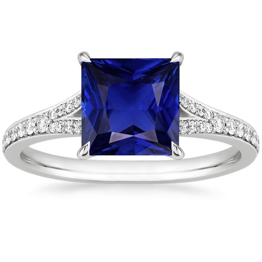 Bague Solitaire Pierres Précieuses Princesse Saphir Bleu Avec Accents 6 Carats - HarryChadEnt.FR