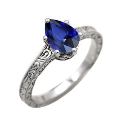 Bague Solitaire Poire Bleu Saphir Style Antique Or 2 Carats