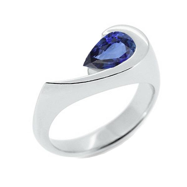 Bague Solitaire Poire Saphir Bleu 1 Carat Demi Lunette Sertie Or Blanc - HarryChadEnt.FR