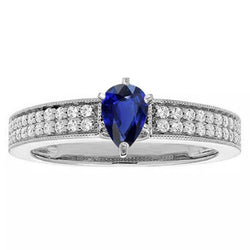 Bague Solitaire Poire Saphir Bleu Avec Accents Diamants 3 Carats