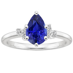 Bague Solitaire Poire Saphir Bleu Avec Accents Diamants Ronds 5 Carats