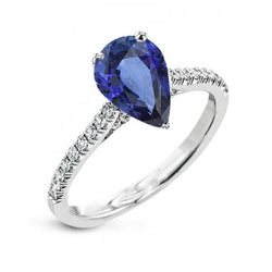Bague Solitaire Poire Saphir Bleu Avec Coquilles Pétoncles Diamants 3 Carats