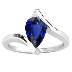 Bague Solitaire Poire Saphir Bleu Foncé Or 14K Style Tension 2 Carats