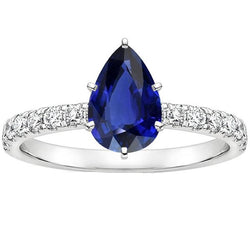 Bague Solitaire Poire Saphir Bleu Pavé Accents Diamants 5.25 Carats