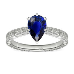 Bague Solitaire Poire Style Antique Saphir Bleu Or Blanc 1.50 Carats