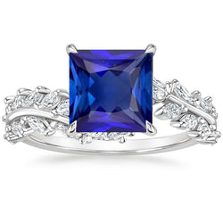 Bague Solitaire Princesse Saphir Bleu Avec Accents De Diamants 6 Carats
