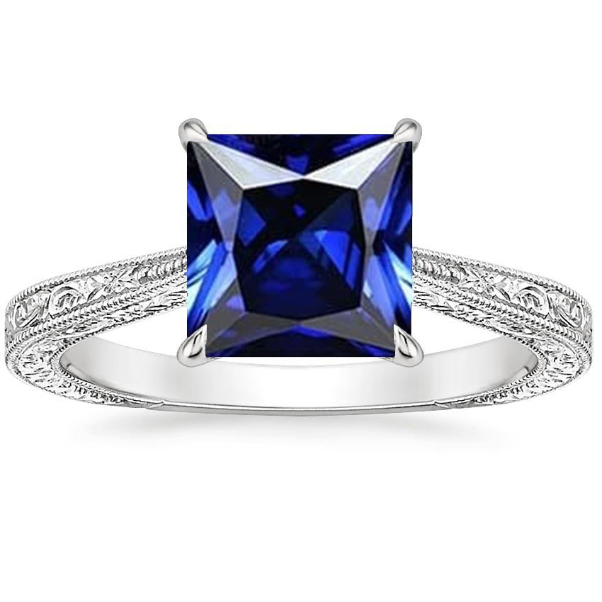 Bague Solitaire Princesse Style Vintage Saphir Bleu Or Blanc 5 Carats - HarryChadEnt.FR