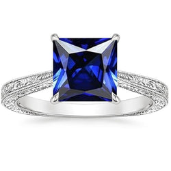 Bague Solitaire Princesse Style Vintage Saphir Bleu Or Blanc 5 Carats