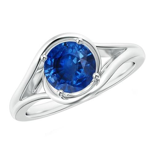 Bague Solitaire Ronde Saphir Bleu Sertie De Griffes Tige Fendue Or 2 Carats - HarryChadEnt.FR