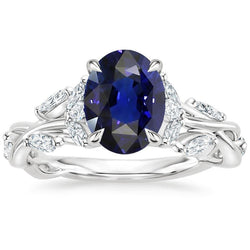 Bague Solitaire Saphir Bleu & Accents Diamant 5.50 Carats Style Feuille