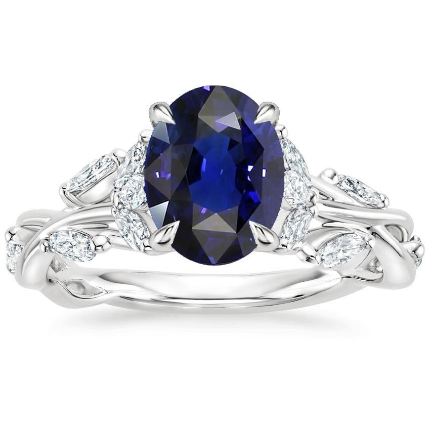 Bague Solitaire Saphir Bleu & Accents Diamant 5.50 Carats Style Feuille - HarryChadEnt.FR