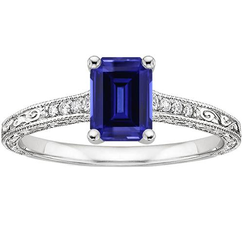 Bague Solitaire Saphir Bleu Avec Diamants Tige Millgrain 3.50 Carats - HarryChadEnt.FR