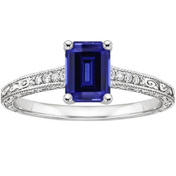 Bague Solitaire Saphir Bleu Avec Diamants Tige Millgrain 3.50 Carats