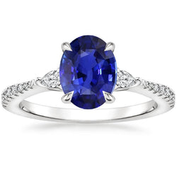 Bague Solitaire Saphir Bleu Avec Poire & Accent Diamant Rond 3 Carats