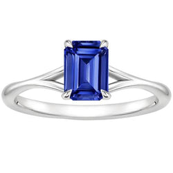 Bague Solitaire Saphir Bleu Émeraude Tige Split 2.50 Carat Or Blanc