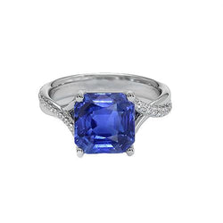 Bague Solitaire Saphir Bleu En Or Blanc Avec Accents 4.50 Carats