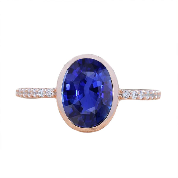 Bague Solitaire Saphir Bleu Lunette Sertie De Diamants Or 3.50 Carats