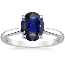 Bague Solitaire Saphir Bleu Taille Ovale 2 Carats Or Blanc 14K